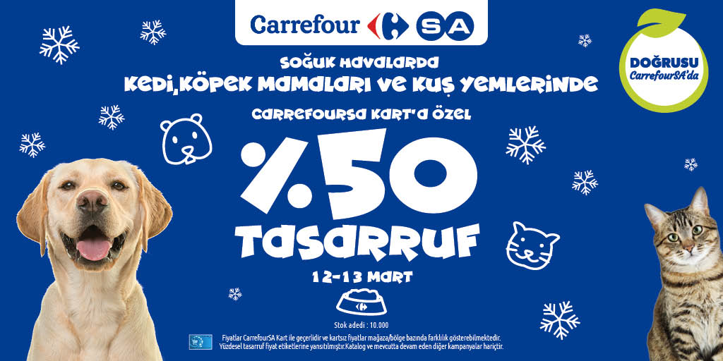 CarrefourSA's tweet photo. Soğuk havalarda yeniden kedi köpek mamaları ve kuş yemlerinde %50 tasarruf fırsatı! CarrefourSA’larda 13 Mart’a kadar kuş yemleri ve patili dostlarımızın mama alışverişlerinde %50 tasarruf fırsatı kaçırmamak için doğruca CarrefourSA'lara.
#Doğrusu #CarrefourSA https://t.co/GiirK9NUVR