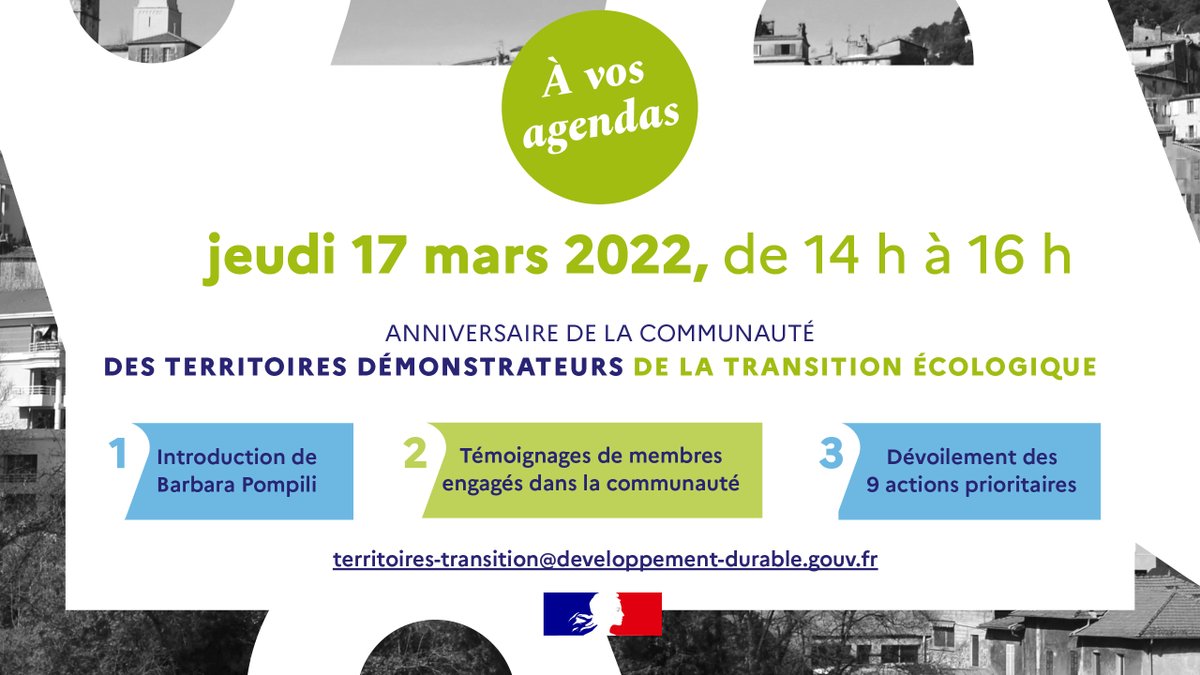 Lancée il y a un an par @BarbaraPompili, la communauté des territoires démonstrateurs de la #TransitionEcologique lance sa nouvelle feuille de route ! 

🗓️Rendez-vous sur notre webinaire d'anniversaire le jeudi 17 mars de 14h à 16H.

Inscrivez-vous ici : …ur.cgdd.developpement-durable.gouv.fr/index.php/4225…