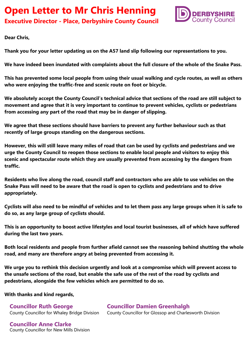 🚧SNAKE PASS CLOSURE TO WALKERS AND CYCLISTS🚧 

📰READ - I have joined colleagues in writing an open letter to @DerbyshireCC's Executive Director - Place 👇🏼