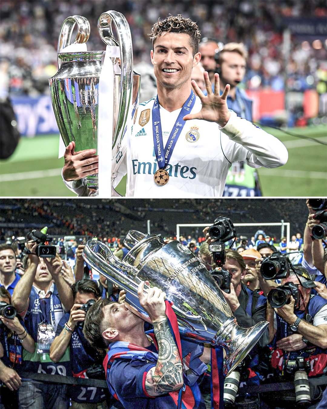 Không có gì hoàn hảo hơn khi xem Messi và Ronaldo chia sẻ Cúp vô địch Liên đoàn bóng đá châu Âu. Với hình ảnh hai cầu thủ tài năng nhất thế giới nâng cao chiếc cúp tài ba, sự kết hợp giữa hai ngôi sao lớn sẽ khiến bạn choáng ngợp vì quyết định và kỹ năng của họ trên sân.