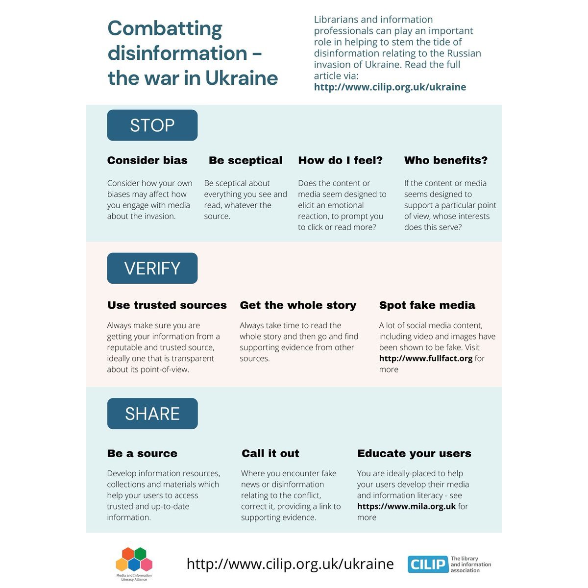 We've created this poster as #Librarians &amp; #InformationProfessionals continue to play a crucial part in stemming the tide of disinformation. Download and print our free poster: 'Combatting Disinformation - the war in #Ukraine' now: cilip.org.uk/news/news.asp?…

Stop.  Verify.  Share.