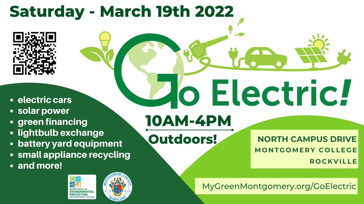 MyGreenMC's tweet photo. Go Electric March 19, 10am - 4pm in Rockville MD! Check out electric cars and buses, solar power, battery-operated mowers and blowers, a lightbulb exchange, small appliance recycling, and more. #GoElectric #MCEVPC #SolarPower https://t.co/pMbttOckcz https://t.co/AsTTDs4WVb