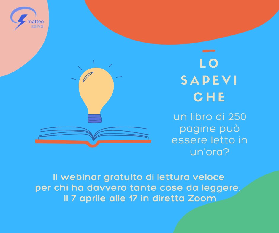 #11marzo Ogni giorno ci troviamo davanti a tantissime informazioni scritte. Le tecniche di lettura veloce servono a guadagnare tempo prezioso, iscriviti subito al mio webinar gratuito e ti condurrò alla scoperta delle tecniche di lettura veloce! 💡  matteosalvo.com/webinar-lettur…