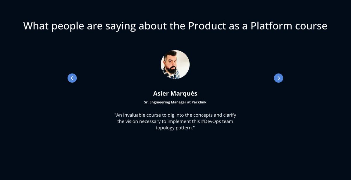 TeamTopologies's tweet photo. Nice feedback from the students who took the "#Platform as a #Product" course by the @TeamTopologies Academy
"Relevance to real world problems and simple yet powerful insights in terms of solutions."
#orgdesign #orgdynamics https://t.co/mEZzUraWrN https://t.co/Vuk9aH8qbE