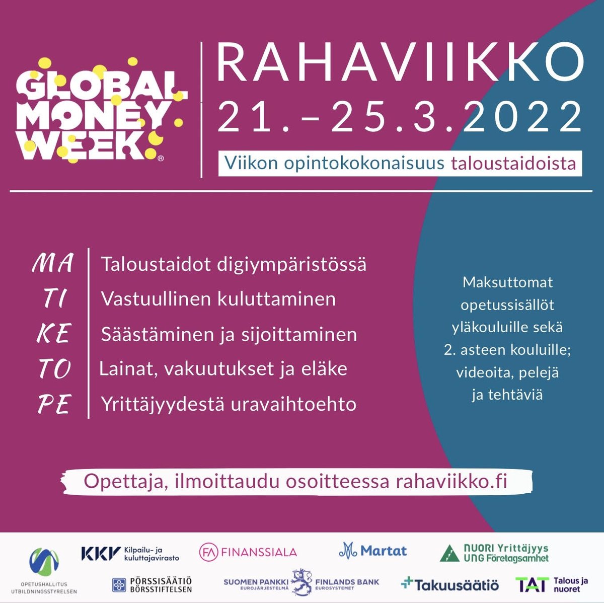 finanssiala's tweet photo. Finanssiyhtiöt tarjoavat maksutonta talousopetusta kansainvälisellä #Rahaviikko'lla yhdessä muiden kanssa! 

Mukana: 
💎@ilmarinen_tweet
💎@OP_Ryhma
💎@Saastopankki
💎@DanskeBankFI
💎@Nordea_FI
💎@POPPankki
💎@HandelsbankenFi
#Talousosaaminen #Finanssiala
https://t.co/q086wSaSCZ https://t.co/r9PoCqjmGT