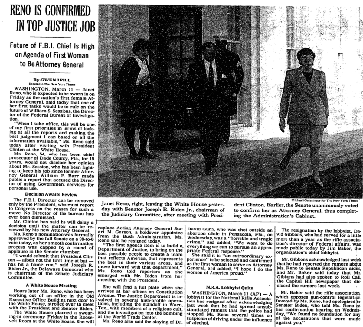 In 1993, Janet Reno was confirmed as the first female attorney general of the United States. nyti.ms/3pE47oa