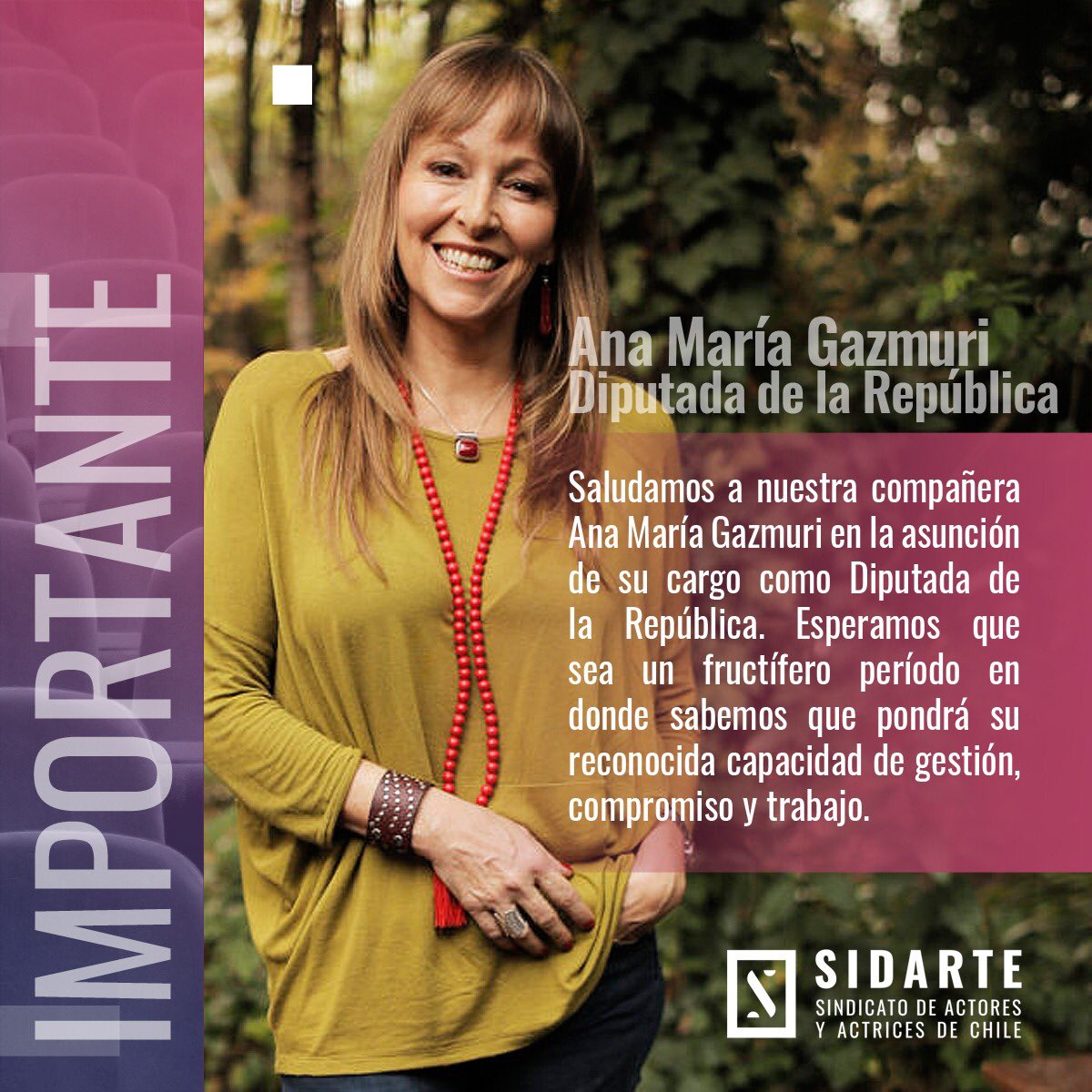 Saludamos a la nueva diputada <a href="/AnaMariaGazmuri/">Ana María Gazmuri</a> actriz con una reconocida labor como activista por años.
