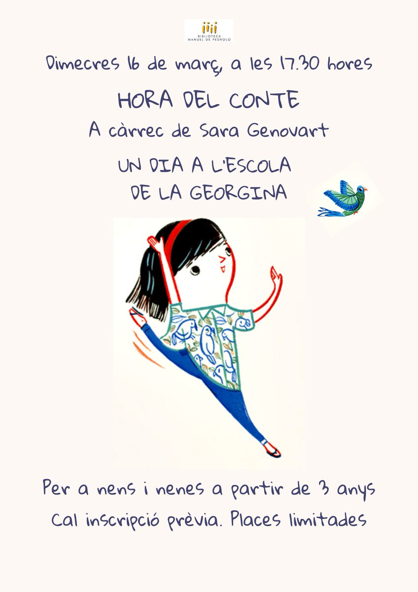 BibliotequesSPR's tweet photo. Dimecres 16 de març, a les 17.30h, hora del conte amb Sara Genovart: "Un dia a l'escola de la Georgina". Activitat adreçada a famílies amb infants a partir de 3 anys. Cal inscripció prèvia! #BMdP #spribes https://t.co/jqNhPAvqQz