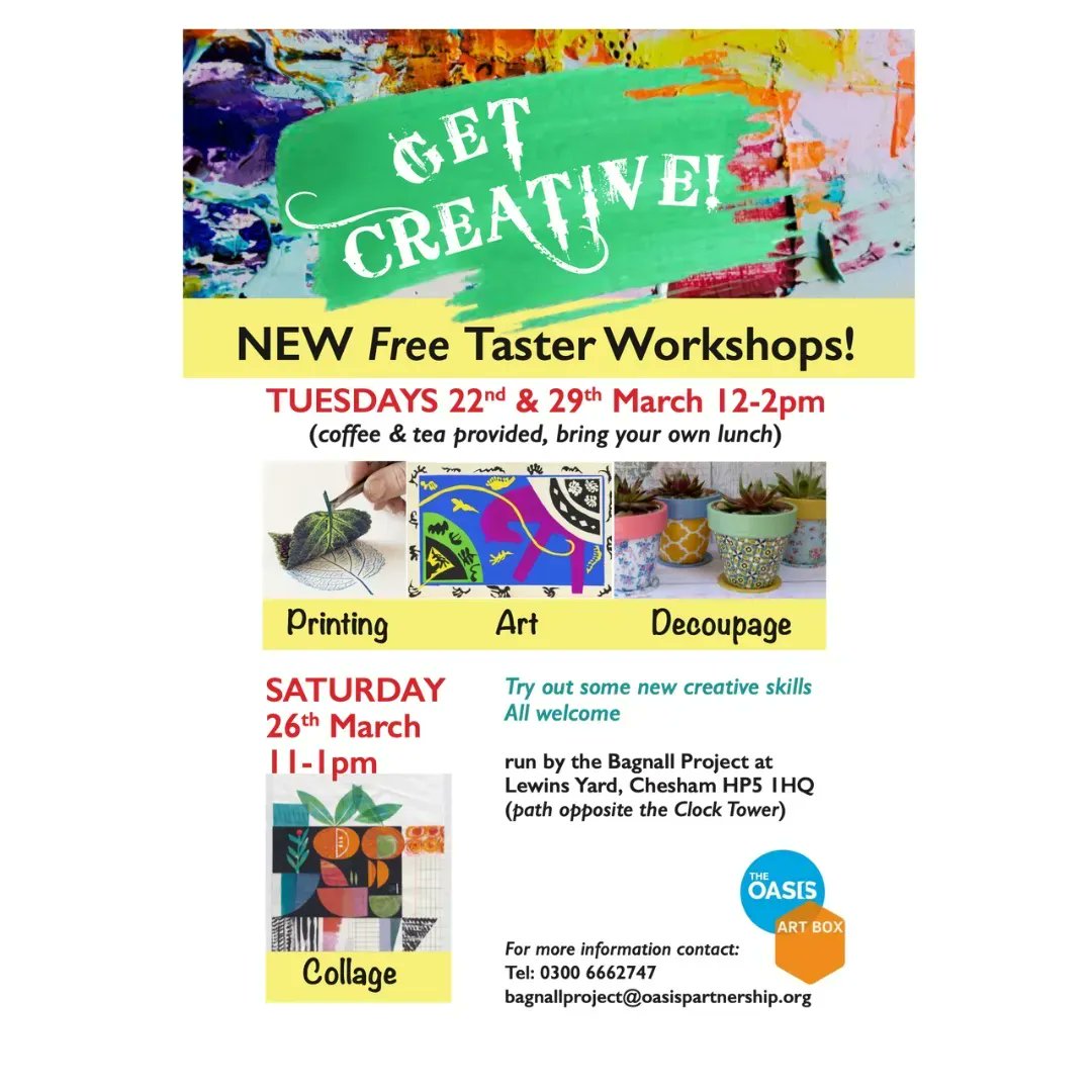 TheOasisCharity's tweet photo. Come and try some new creative skills with us! 

New FREE taster workshops in March. 

Get in touch to book your place. 

#art #OasisArtBox #BagnallProject #OasisPartnership @OasisArtBox https://t.co/Osjn8lPamB