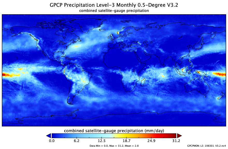 NASAEarthData's tweet photo. Examine where rain is falling around the world with the new V3.2 of the NASA MEaSUREs Global Precipitation Climatology Project (GPCP) global daily and monthly #precipitation products, released by #GESDISC. Learn more about these data: https://t.co/giEaHoUAO7 https://t.co/nNCYYe1WJ9