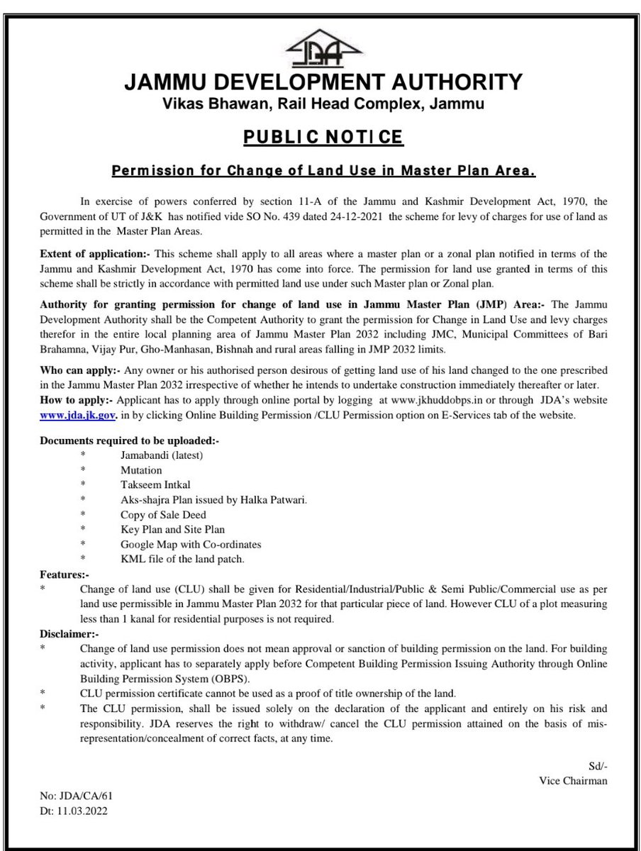AuthorityJammu's tweet photo. JDA announces the launch of online e-service by H&amp;UDD for grant of permission for Change of Land use. Those desirous of getting the permission for change of land use in Jammu Master Plan 2032 limits to that permissible in the Master Plan can now apply through online portal https://t.co/f4dasRwMDA