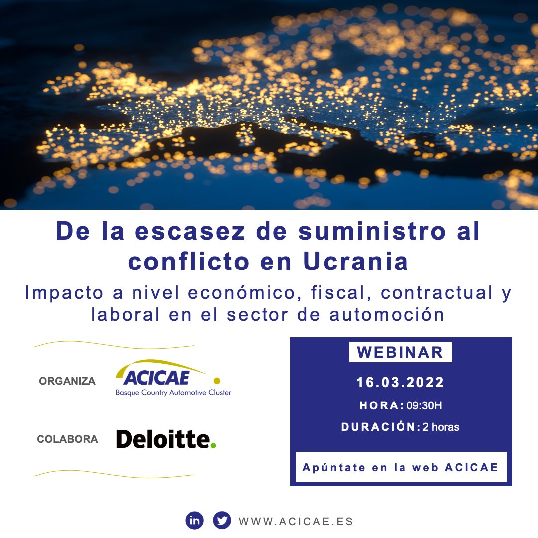 arcarricoba's tweet photo. WEBINAR ACICAE-URGENTE. 16 Marzo, 9h30
“De la escasez de suministro al conflicto en #Ucrania: impacto a nivel #económico, fiscal, contractual y laboral en el sector de #automoción"
Organizan ACICAE con colaboración de @Deloitte
Inscríbete en … https://t.co/u8fISAIrTa