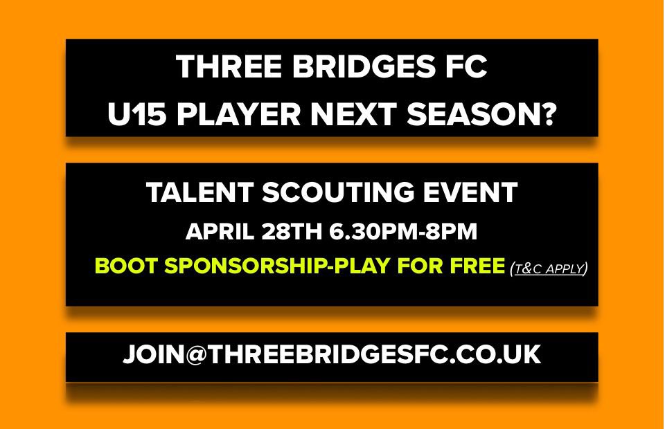 ThreeBridgesFC's tweet photo. Fancy the chance of winning £100?

1️⃣Retweet &amp; Like this tweet
2️⃣Follow @ThreeBridgesFC 

The winner will be drawn at our last home game of the season on the 23rd April. 

#UPTHEBRIDGES 🧡🖤 https://t.co/aoUokxPOzS