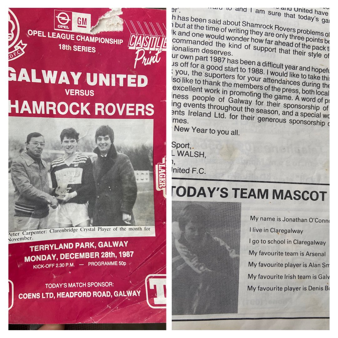 Johnnyoc7's tweet image. Just a reminder of the time I was mascot for @GalwayUnitedFC against @ShamrockRovers in 1987. My Dog Meg also feature in the match day program