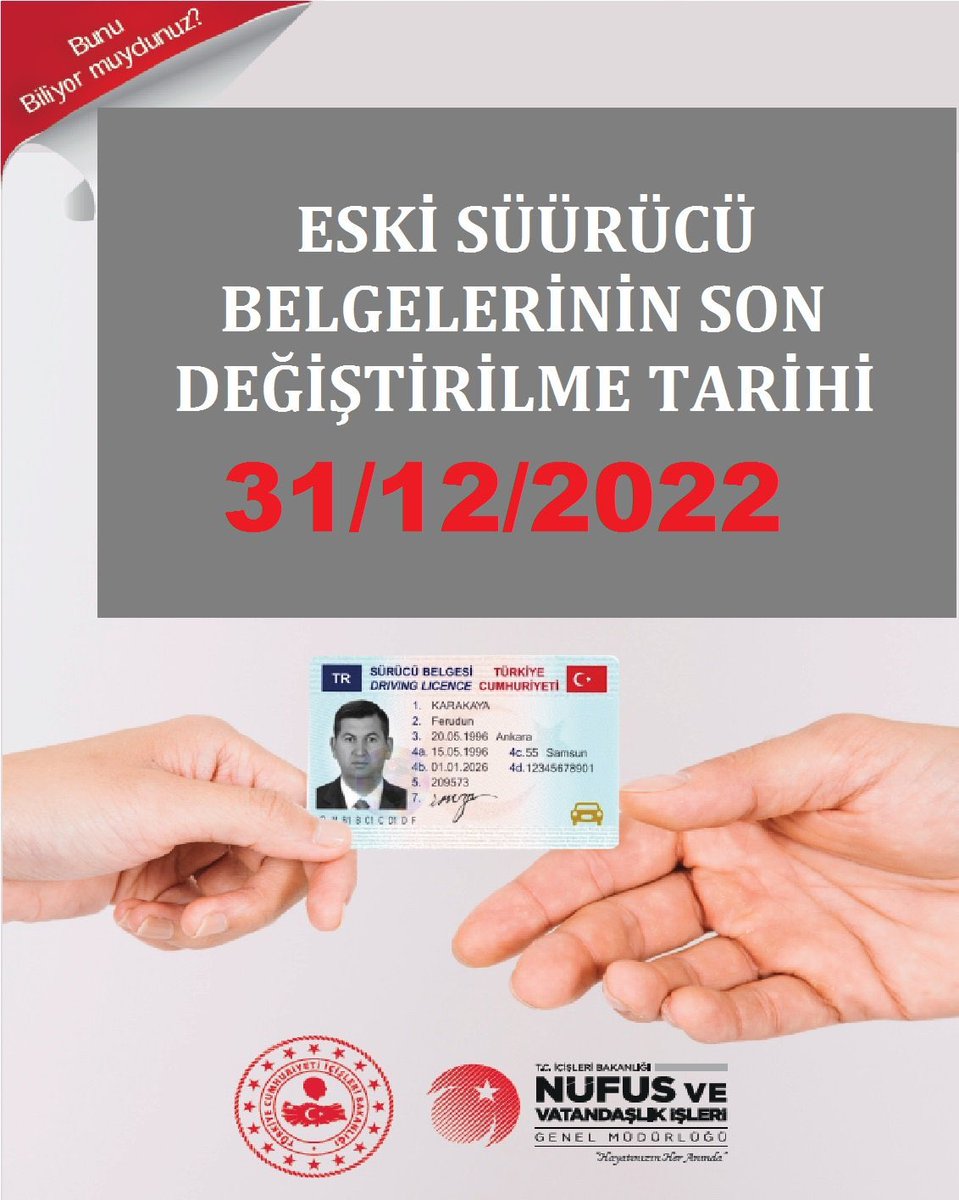 D U Y U R U ‼️📢
Eski tip sürücü belgelerin 3️⃣1️⃣.1️⃣2️⃣.2️⃣0️⃣2️⃣2️⃣ tarihine kadar yeni tip sürücü belgesiyle değiştirilmesi gerekmektedir.

✅ Sağlık raporu
✅ Biyometrik fotoğraf 
✅Değiştirme ücreti -15 TL
✅ Randevu -Alo 199
<a href="/sefikaygol/">Şefik AYGÖL</a> <a href="/bismilkaymakam/">BİSMİL KAYMAKAMLIĞI</a> <a href="/cagriavci_/">ÇAĞRI AVCI</a> <a href="/diyarbakir_nvi/">Diyarbakır İl Nüfus ve Vatandaşlık Müdürlüğü</a>