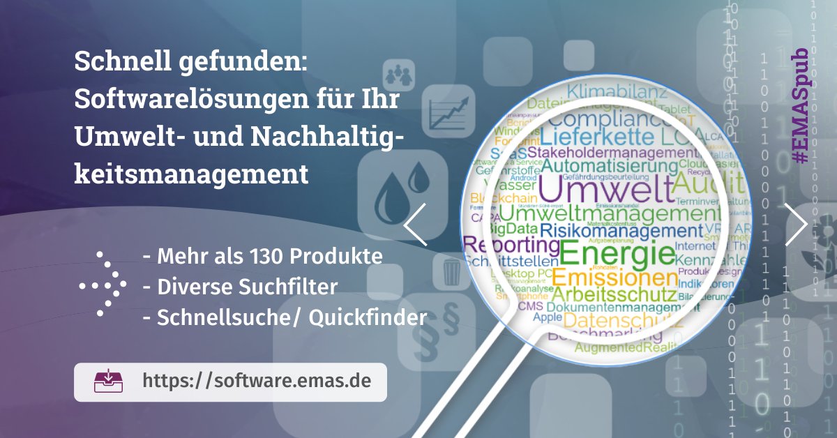 EMAS_Germany's tweet photo. In unserer neuen Softwaredatenbank finden Sie passende Lösungen für Ihr betriebliches Klima-, Energie-, Umwelt- und Nachhaltigkeitsmanagement. Über 130 Produkte,  diverse Suchfilter, Quickfinder mit Produktvergleich: 
https://t.co/8ixgD5Yly4
#EMASpub 
@BAUMeV @bnw_ev @DIHK_News https://t.co/dv6xuXlQbh
