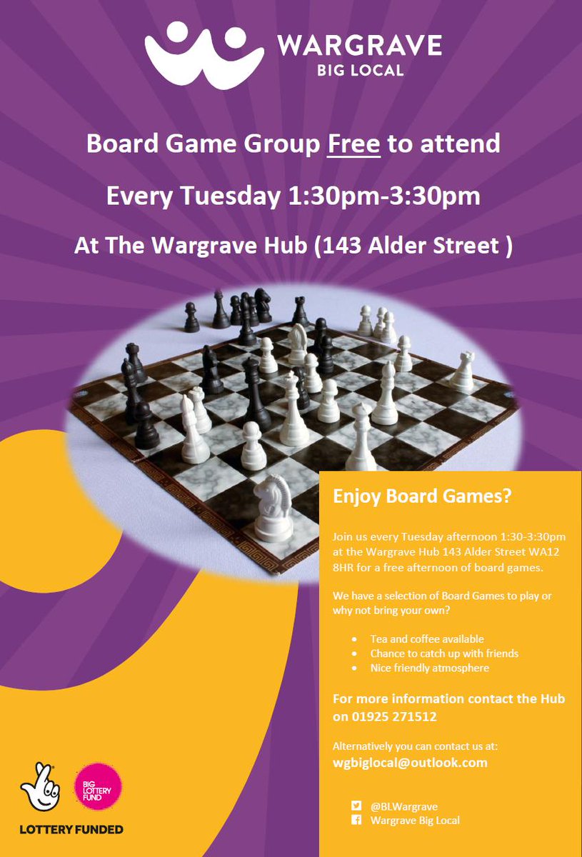 Wargrave Big Local's Board Game group is on every Tuesday  at 1:30pm drop in to The Hub (143 Alder Street WA12 8HR) grab a brew and play a few games.  Completely Free!!! 
We have a selection of games2 play
#boardgame #wargrave #newtonlewillows  #boardgames #FunWithFriends
