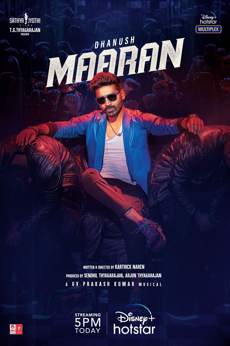 #Maaran  premiering on Disney+ Hotstar at 5pm today in Tamil, Telugu, Malayalam and Kannada languages. @dhanushkraja @karthicknaren_M @gvprakash @MalavikaM_ @SathyaJyothi @thondankani @Actor_Mahendran @KK_actoroffl @disneyplusHSTam @DisneyPlusHS