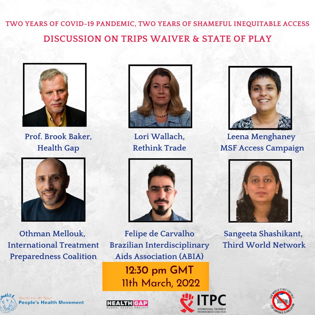 PHMglobal's tweet photo. 11th March 2022 marks two years of #COVID19 pandemic. It also marks two years of unabated profiteering at the cost of numerous lives.

Join us today to know civil society perspective on TRIPS Waiver at the @wto 

Full #TRIPSwaiver Now!

Register here: https://t.co/hGKCLkFsKF https://t.co/TWTKUIOecA