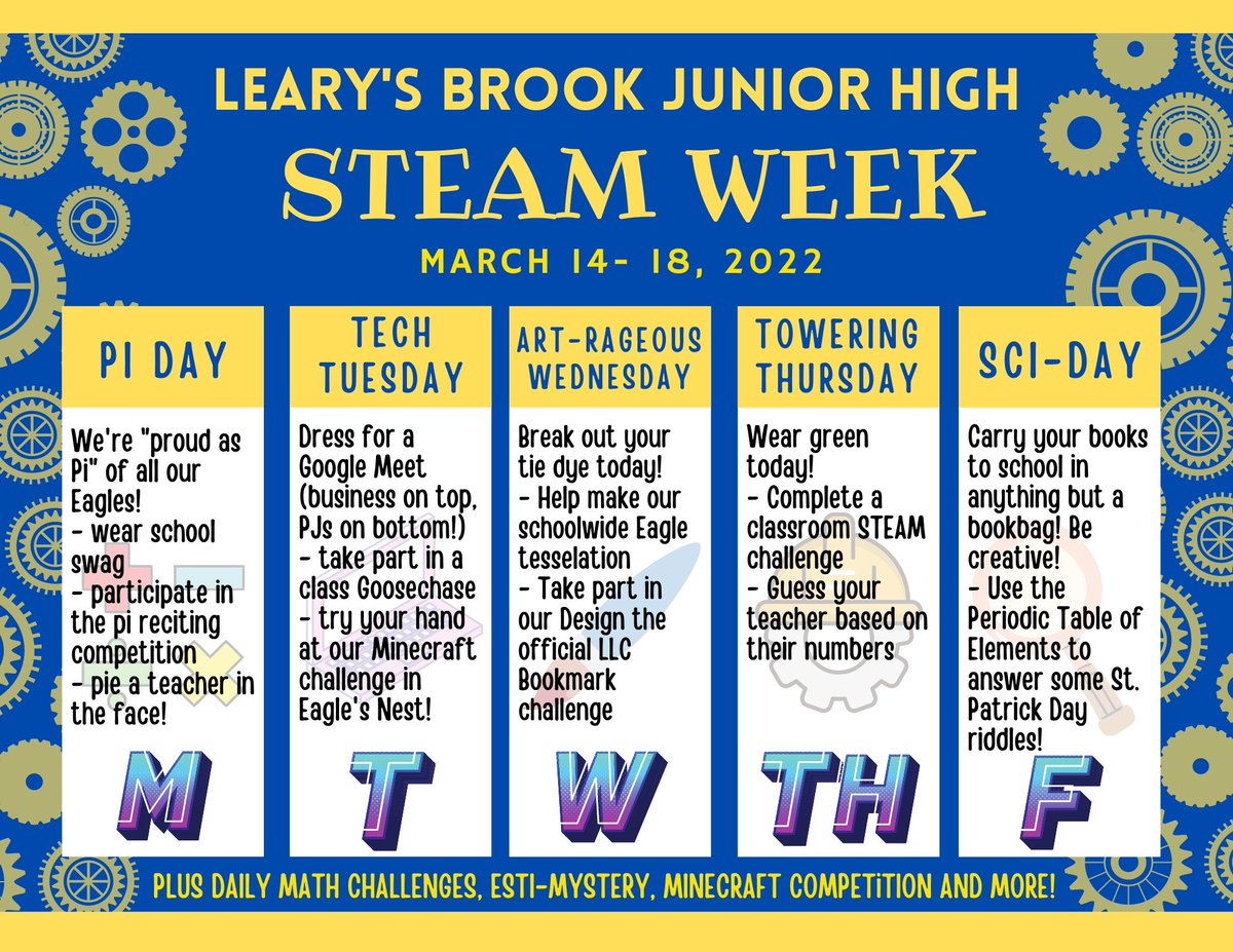 learysbrook's tweet photo. We've got an exciting week coming up @learysbrook! #LBJHSTEAMWeek will be taking place next week! Check out the activities below! Don't forget you can win the chance to "pie" a teacher in the face by bringing in food drive items or reciting the most digits of pi https://t.co/QaxVWhyDrc