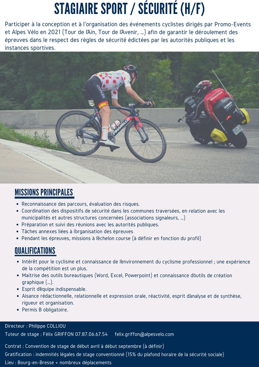 tourdelavenir's tweet photo. 📣 RECRUTEMENT 📣
🚴Tu es passionné de sport, de cyclisme et tu veux intégrer des projets passionnants et ambitieux ? 
Tu veux découvrir des courses professionnelles et celle qui a révélée les plus grands talents du peloton mondial ? 
Alors n'hésite pas ce poste est fait pour toi https://t.co/U5vHMBBRSL