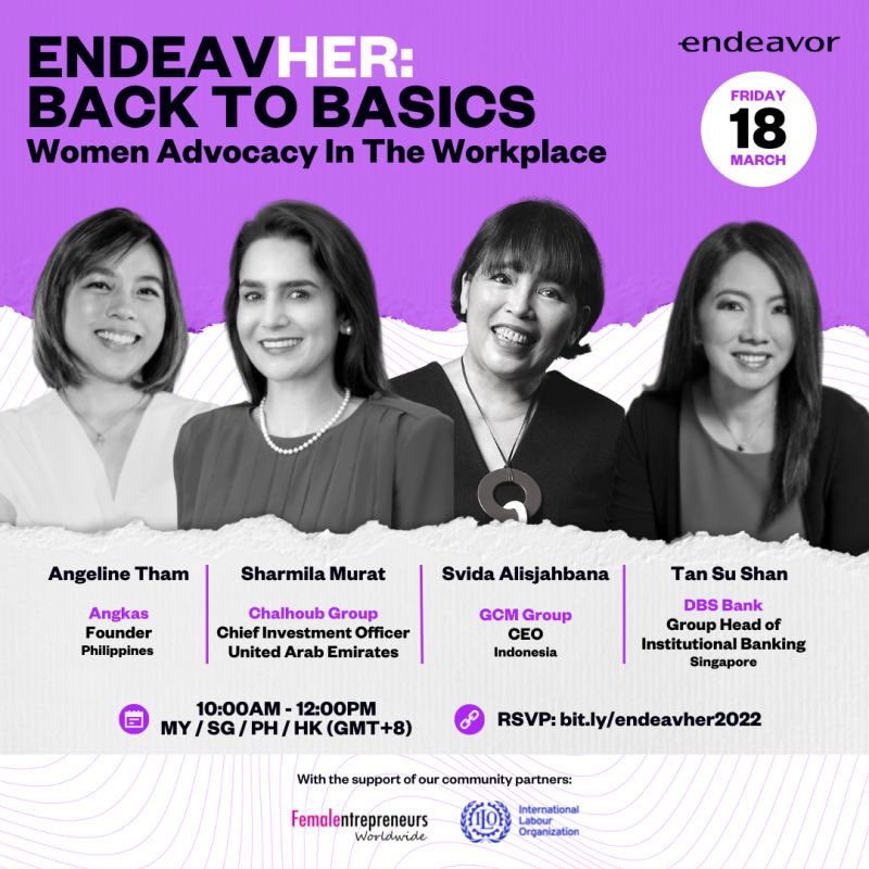 ⚡ Women entrepreneurs, this is for you!

Speakers - <a href="/thamgeline/">Angeline Tham</a> of <a href="/angkas/">Angkas</a>, Sharmila of <a href="/Chalhoub/">Chalhoub</a>, <a href="/Svidss/">Svida Alisjahbana</a>  of GCM GROUP and moderator, Su Shan of <a href="/dbsbank/">DBS Bank</a>. The panel is powered by <a href="/ilo/">International Labour Organization</a> and <a href="/fewcommunity/">Female Entrepreneurs Worldwide</a>, in collaboration with <a href="/Endeavor_MY/">Endeavor Malaysia</a>.

Register: docs.google.com/forms/d/e/1FAI…