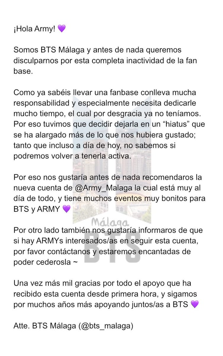 bts_malaga's tweet photo. INFO FAN BASE BTS MÁLAGA 

#Army 💜 respecto a la inactividad de esta fan base, hemos tenido que tomar esta decisión ㅠㅠ muchísimas gracias a todos/as por estos años ~

Sigamos apoyando a @BTS_twt por muchos años más 🥺💜

-🥕 https://t.co/UzbRtuJeFo