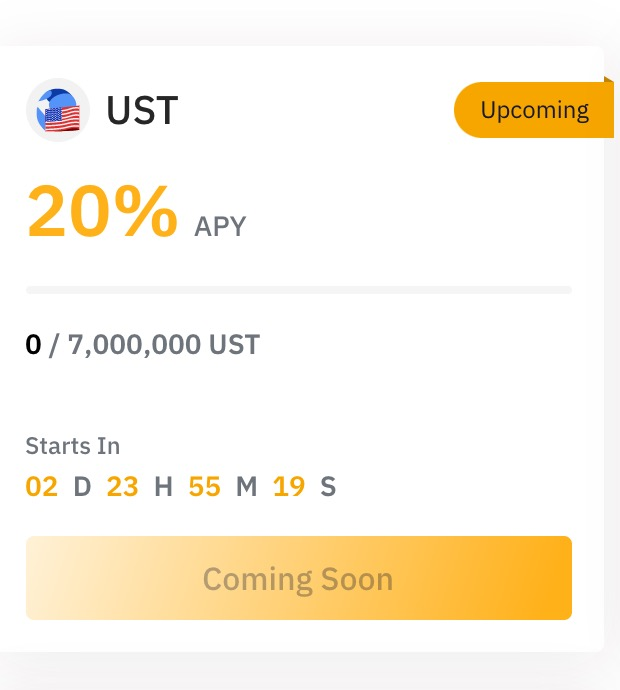 Bybit_Official's tweet photo. 📢 Looking for even more $UST action?

🗓️ Flexible Staking for $UST is coming soon, with 20% APY!

😍 Keep a lookout for more! https://t.co/48h8en04Uv
