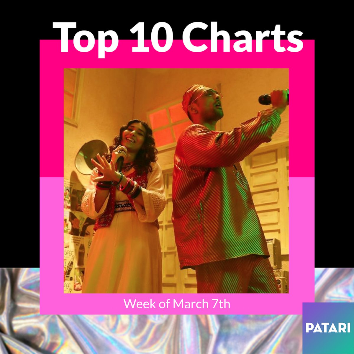 patarimusic's tweet photo. The weekly #Top10 Charts and your favourite artists.✨🥰
#AliSethi & #ShaeGill making it on 1️⃣
@iamsanammarvi at 2️⃣
Listen to the Playlist on Patari: https://t.co/awddPt2FhS
#PatariCharts #PatariStats #Top10 https://t.co/GHDMAG8xXj