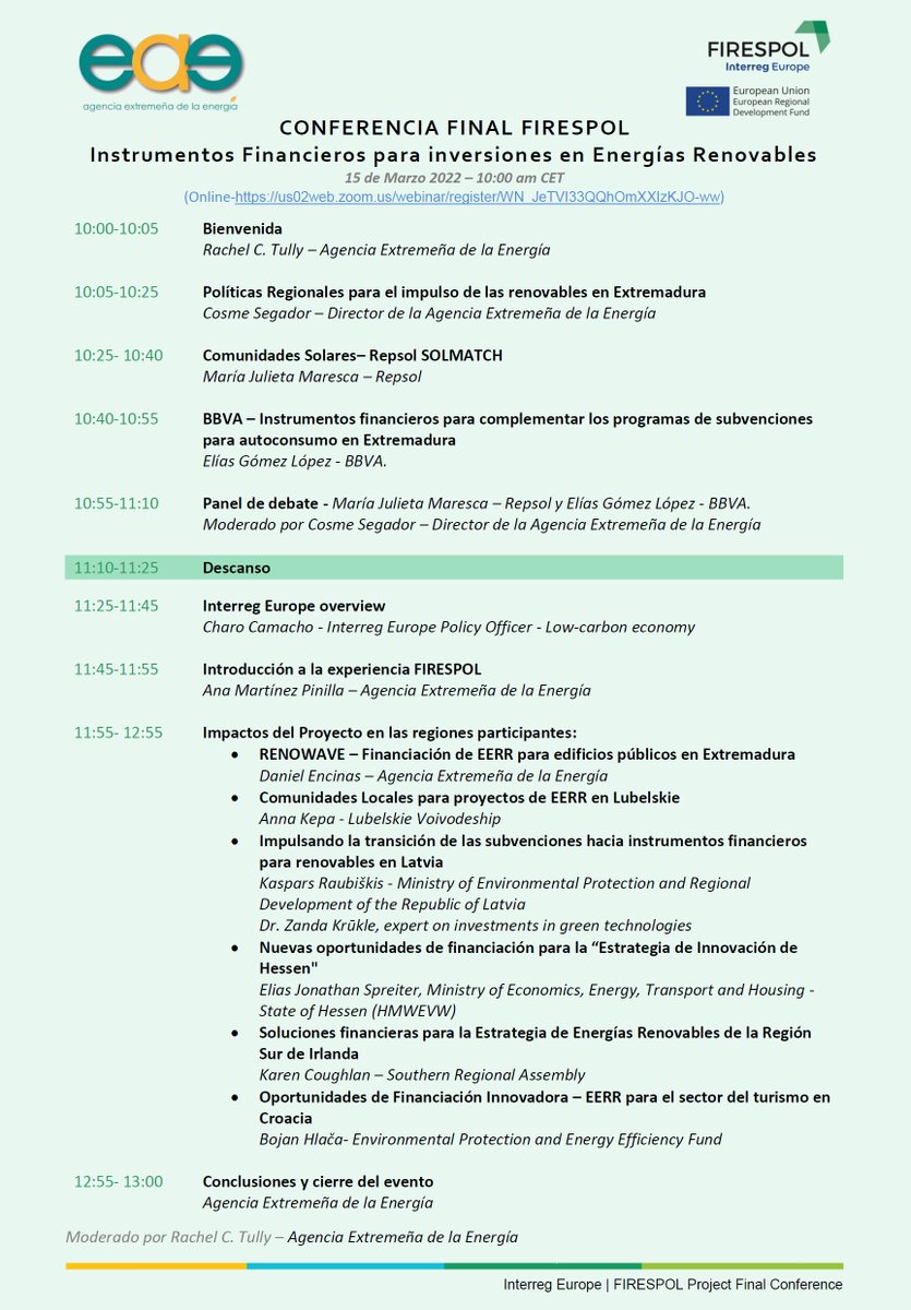 AGENEXORG's tweet image. ¿Instrumentos financieros para Renovables? Si quieres saber más, únete al evento de @firespolproject organizado por @AGENEXORG el día 15 de Marzo 🗓️en modalidad #online 
Todavía puedes inscribirte!➡️bit.ly/3hPcLM3
