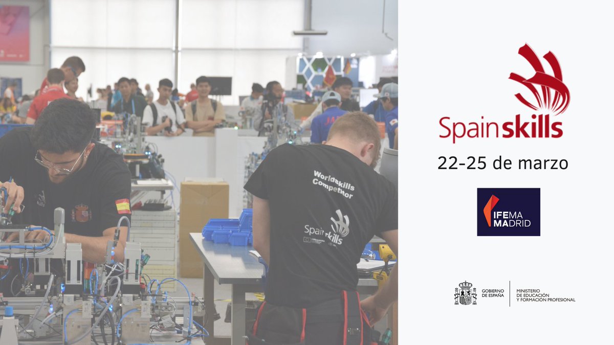 educaciongob's tweet photo. El próximo 22 de marzo arranca la competición #SpainSkills2022 en @IFEMA. Allí se darán cita los mejores estudiantes y recién titulados en Formación Profesional de cada modalidad. Los ganadores podrán participar en las @WorldSkills. 

👉https://t.co/LamQ2KOrip https://t.co/fjFUJGgCNe