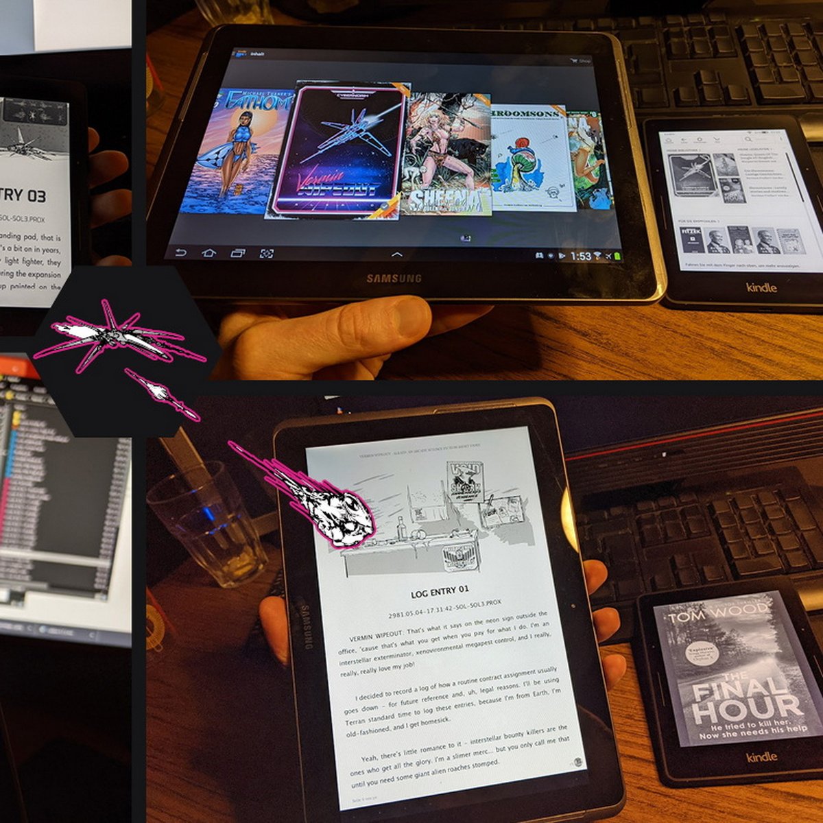VerminWipeout's tweet photo. "Device Jungle! - At first I was afraid that I would have to create a million variants of the book for the digital version: Kindle, Tolino, Pocketbook, Smartphone-X.... black and white and color?! 
But Amazon KDP settles. - The Kindle Create software creates one universal version https://t.co/stc4fffS1p