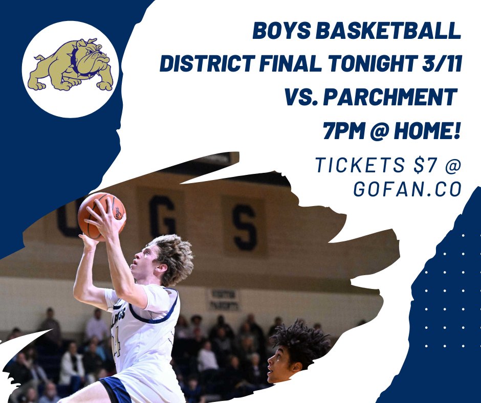 Otsego Boys Basketball plays for the district title tonight at 7pm at HOME! Come cheer them on as they take on Parchment. Tickets are only sold online here: gofan.co/app/school/MI1… 
Cash/ passes are not accepted at MHSAA events. Good luck and #GoBulldogs!