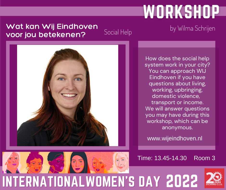 Wat kunnen we voor jou betekenen? Op 12 maart geeft Wilma een workshop in het Parktheater Eindhoven  tijdens de Internationale vrouwendag van het International Women's Day CLO Eindhoven