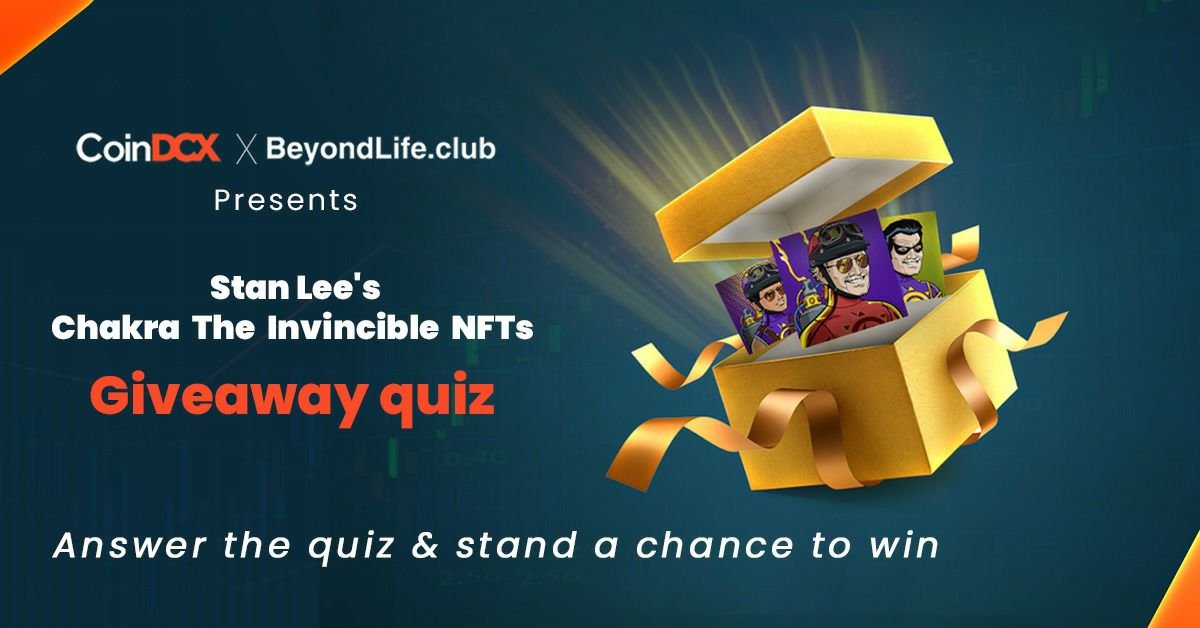 CoinDCX's tweet photo. Show off your Chakra knowledge and stand a chance to win the iconic Stan Lee's Chakra "The Invincible NFT".
The top 10 lucky highest scorers will win 1 NFT each.

Rules:
Like &amp; Retweet
Register: https://t.co/paIdDI7gyj
Fill out the Quiz: https://t.co/wcZNcn5uC6

#CoinDCX #NFT https://t.co/ERTu9aDd7f