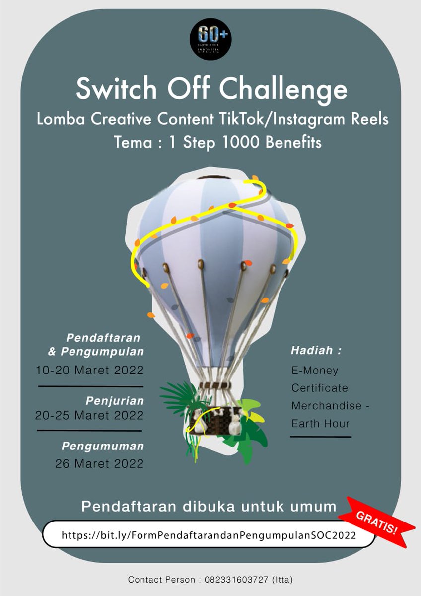 Halo SobatEH!
Earth Hour Malang mengadakan Switch off Challenge "Lomba Creative Content TikTok/Instagram Reels" gratis dengan tema "1 Step 1000 Benefits" loh.

Link pendaftaran : bit.ly/FormPendaftara… 

Yuk segera daftar!

#IniAksiku#EarthHour #EarthHourIndonesia #Connect2Earth