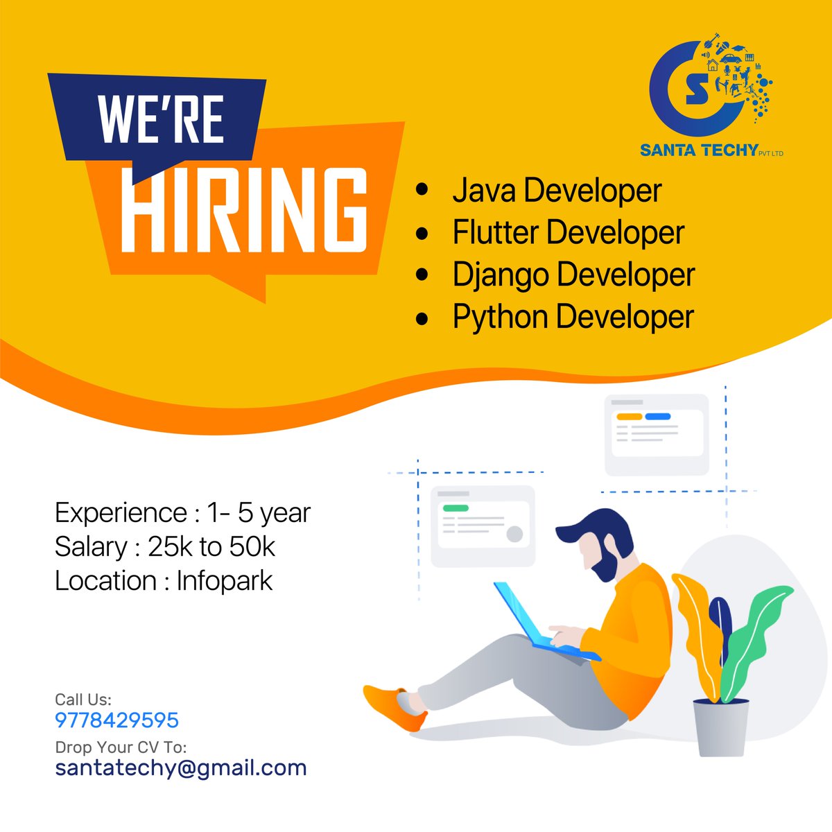 santa_techy's tweet photo. 📣 We are hiring ! 📣
.
.

We are on the hunt for a :
Java Developer
Flutter Developer
Django Developer
Python Developer

If you're interested &amp; have relevant experience contact :
santatechy@gmail.com
+91 9778429595

#jobvacancy #santatechy #2022 #wearehiring #kakkanad #infopark https://t.co/VfwQQWY5mf