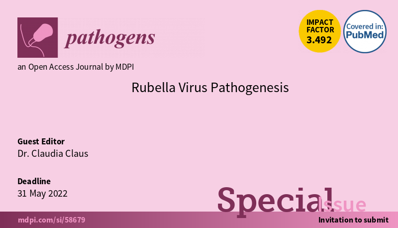 Pathogens_MDPI's tweet photo. #CallForPapers
We have now published the first article in the following Special Issue: "#Rubella Virus #Pathogenesis"

👨‍🎓Edited by Dr. Claudia Claus @Claus_Lab 

👉please check it here: https://t.co/22Rl1ZIqJC https://t.co/pdxc9QcY7l