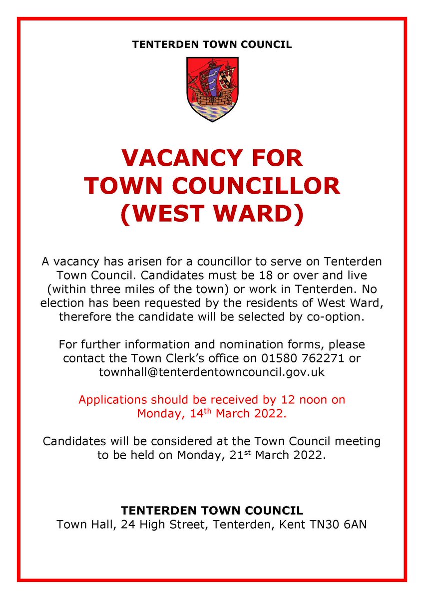 *Town Councillor Vacancy - West Ward* There is still time to apply for Co-option - deadline is Monday, 14th March at 12 noon.  Please note that you don't have to live in West Ward to be considered.  For more information, please visit:  tenterdentowncouncil.gov.uk/en/blog/post/v… #Tenterden
