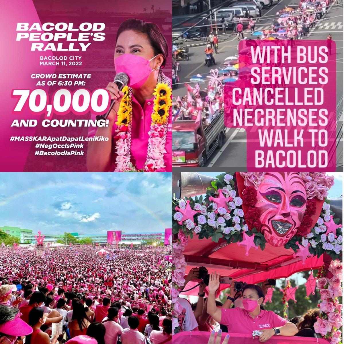forgwenandblake's tweet photo. My hometown #Bacolod is called CITY OF SMILES. We smile and carry on even through our hardships. No matter how they tried to make it hard for the Ilonggos to attend @lenirobredo grand rally, it did not stop  the people from going #BacolodIsPink  ! ✊🏽💓#MaskaraPatDapatLeniKiko https://t.co/puJzGdd2fB