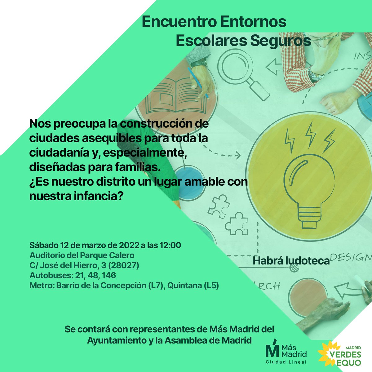 Os esperamos mañana 12 de marzo a partir de las 12:00 en el auditorio del parque Calero para hablar y escucharos sobre los entornos seguros y todos los temas que afectan a nuestras niñas y niños.