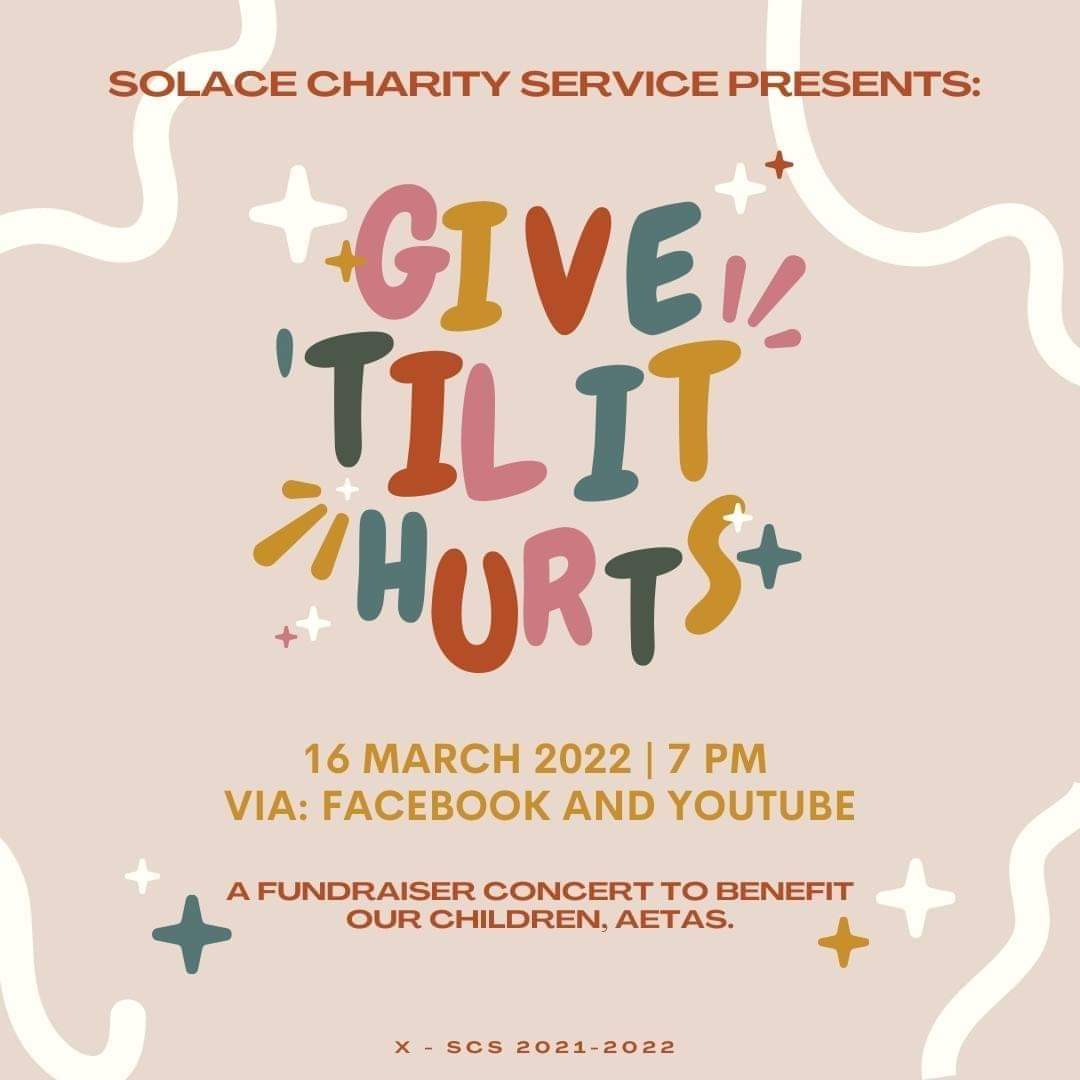 solacecharity's tweet photo. We, S.C.S. (Solace Charity Service), cannot wait to share and gladly present our significant mini concert, "Give 'Til It Hurts", which exemplifies the true essence of giving. We hope to keep you excited until the day of the concert! https://t.co/x8zHvTYsrV