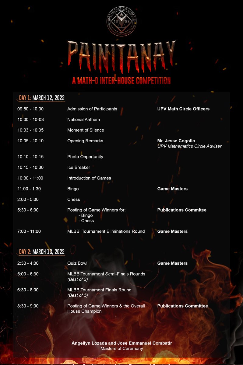 UPVMathCircle's tweet photo. 🔥THE FIRE IS ON🔥DALI NA, PAINITON TA‼️

This year's "PAINITANAY: A Math-O Inter-house Competition" is a two-day online event scheduled on March 12-13, 2022.

Read full details here:
https://t.co/6kxUFVKVEi

#AppMathBalbal
#PaINITanayTa2022 https://t.co/k4YV1gWS6t