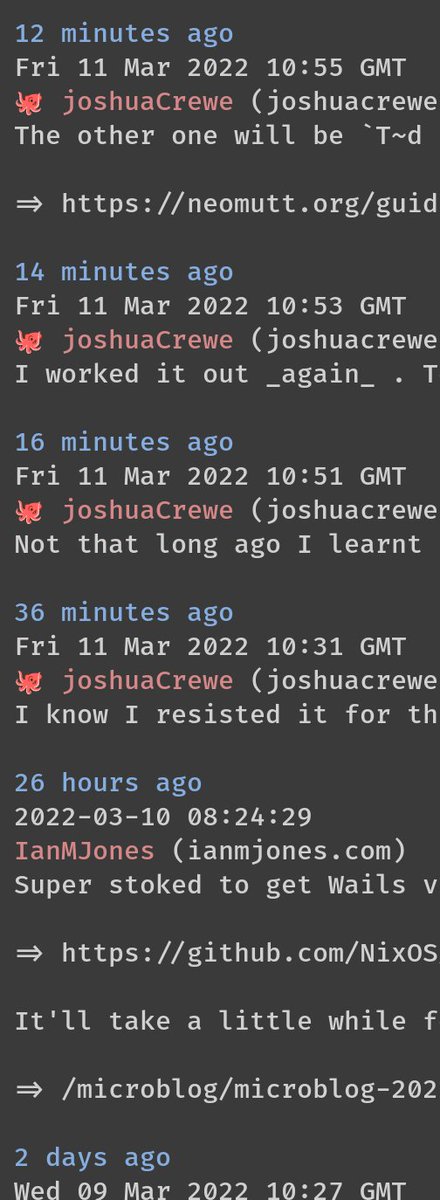 joshua_crewe's tweet image. @ianmjones How are you enjoying gemini microblogging? There are a few of us who are using a sort of aggregator bash script thing if you are interested in that sort of thing.

It takes a list of subs, goes and gets all the feeds and stitches them all together. #slowScripts