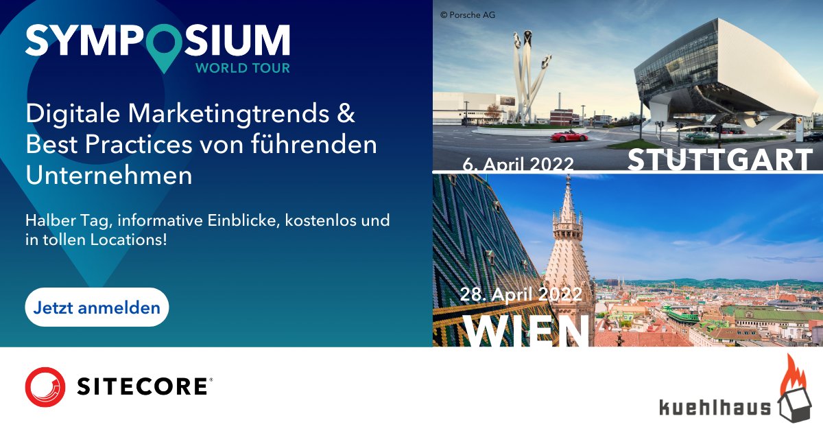 Schnell anmelden für die <a href="/SitecoreSYM/">Sitecore Symposium</a> World Tour 2022!
Wir als Gold Sponsor freuen uns, euch in Stuttgart und Wien persönlich zu treffen. 
👉👉bit.ly/368NBW7
@FHohmeyer <a href="/FPennella/">Fabrizio Pennella</a> 

#kuehlhaus #digitalagency #customerexperience