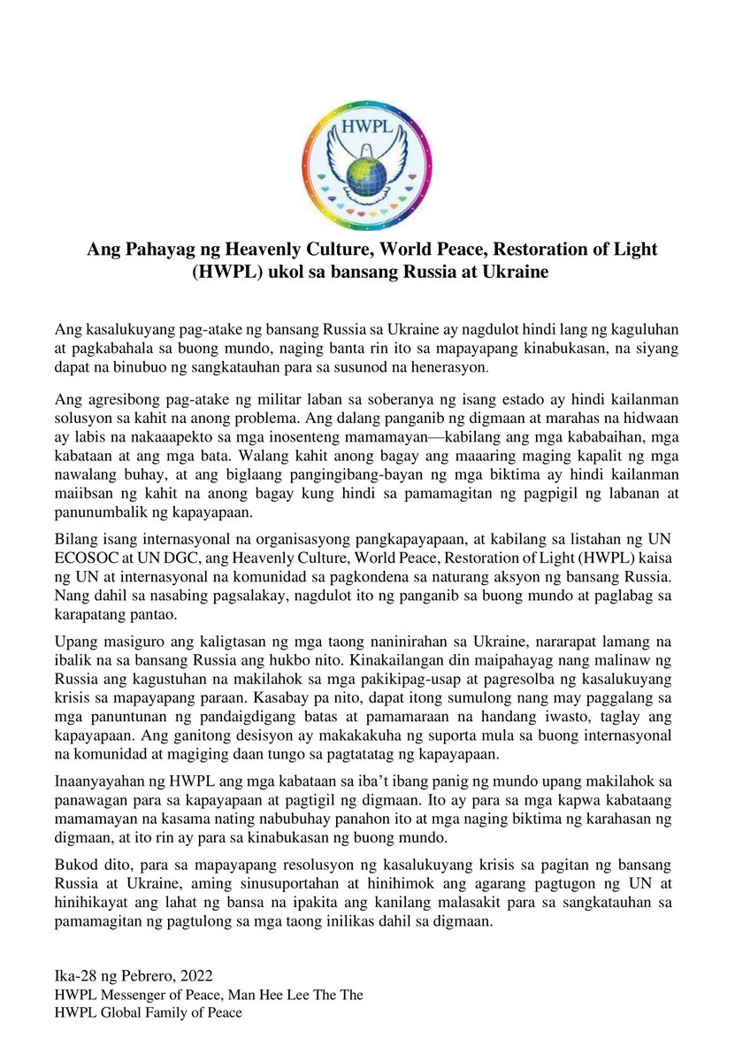 star8812U107's tweet photo. Statement by the International Women’s Peace Group
(IWPG) Regarding the Invasion of Ukraine by Russia
러시아의 우크라이나 침공에 대한
세계여성평화그룹(IWPG) 성명
#TogetherPeace #nowar https://t.co/rdKMY8LzLr https://t.co/xyfBT9Seub