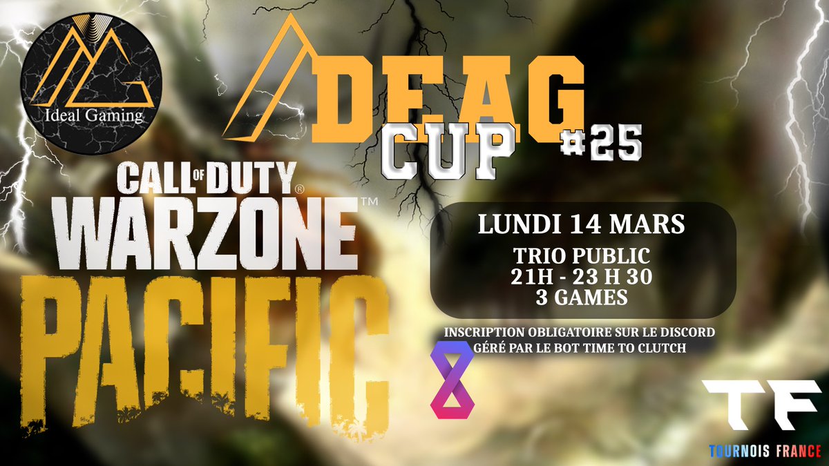iDeal__Gaming's tweet photo. Hey les amis, le traditionnel tournoi idéal gaming c'est lundi soir

La iDeaG CUP #25 c'est lundi 14 Mars : 

- Trio Public 
- 21h-23h30 (plus partie en cours) 
- 3 meilleures games 
- Tout est pris en charge par Le bot Time to Clutch https://t.co/c74mV8pJYk