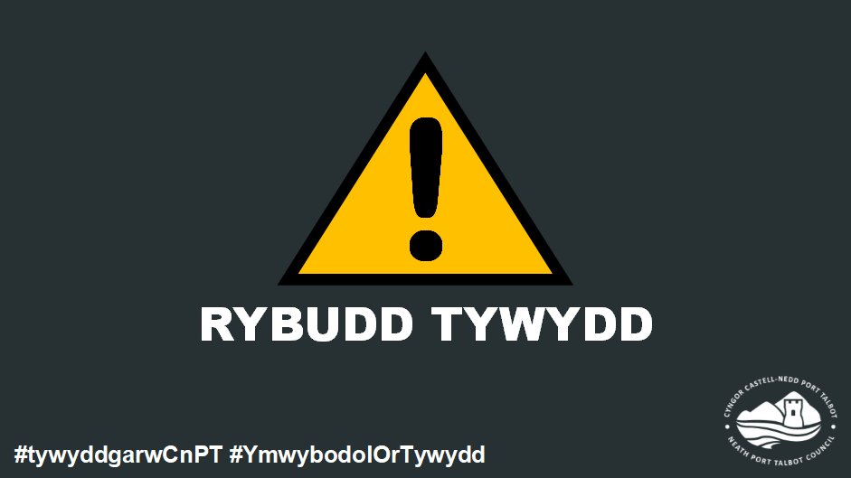 Mae RHYBUDD MELYN ar gyfer GWYNT wedi'i gyhoeddi ar gyfer CYMRU ar DYDD SADWRN (12 Maw) rhwng 13:00 a 19:00. Mae ardal <a href="/CyngorCnPT/">Cyngor Castell-nedd Port Talbot</a>  yn rhan o'r rhybudd hwn

I gael rhagor o wybodaeth a chyngor am y rhybudd hwn, ewch i wefan <a href="/metoffice/">Met Office</a>: metoffice.gov.uk/weather/warnin…