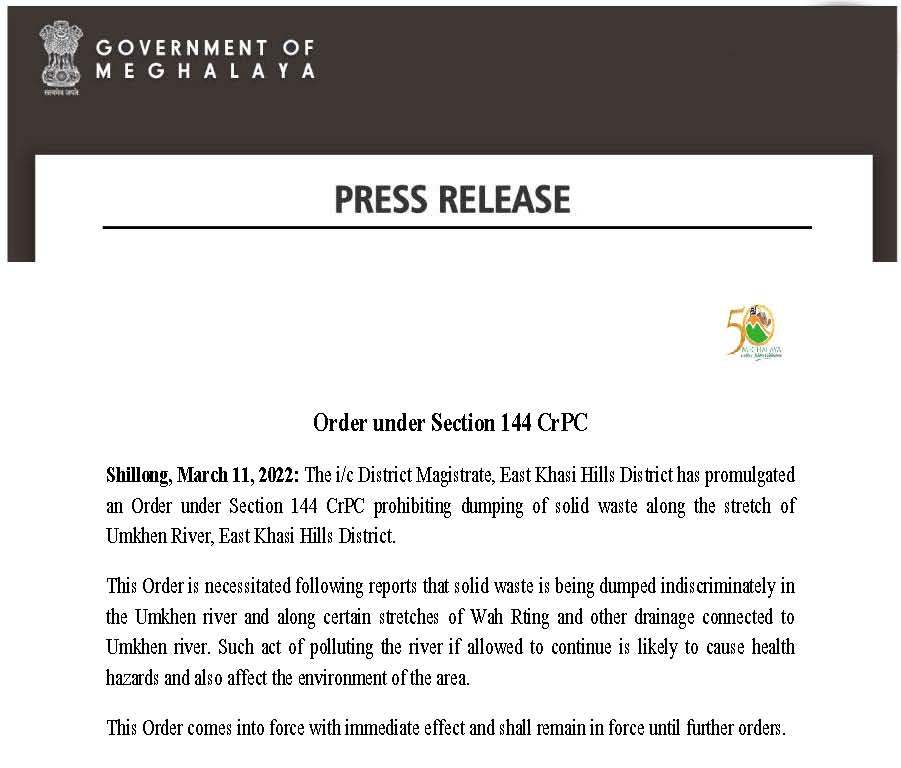 MeghalayaGov's tweet photo. Order under Section 144 CrPC, #Prohibited from dumping of solid waste along the stretch of Umkhen River, East Khasi Hills District
@DiprMeghalaya 
@DC_EKH https://t.co/n0hOx1gmzy