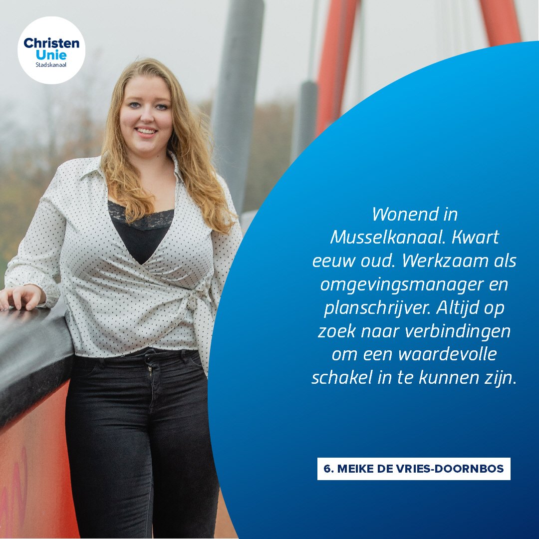We zijn na 18 kandidaten nu bijna aangekomen bij onze TOP 5 voor de gemeenteraadsverkiezingen van 16 maart!

Vandaag stellen wij onze nummer 6 aan u voor: 

Meike de Vries-Doornbos

#GR22 #geefgeloofeenstem #Musselkanaal #omgevingsmanager #25jaar #verbinding #schakel #16maart2022